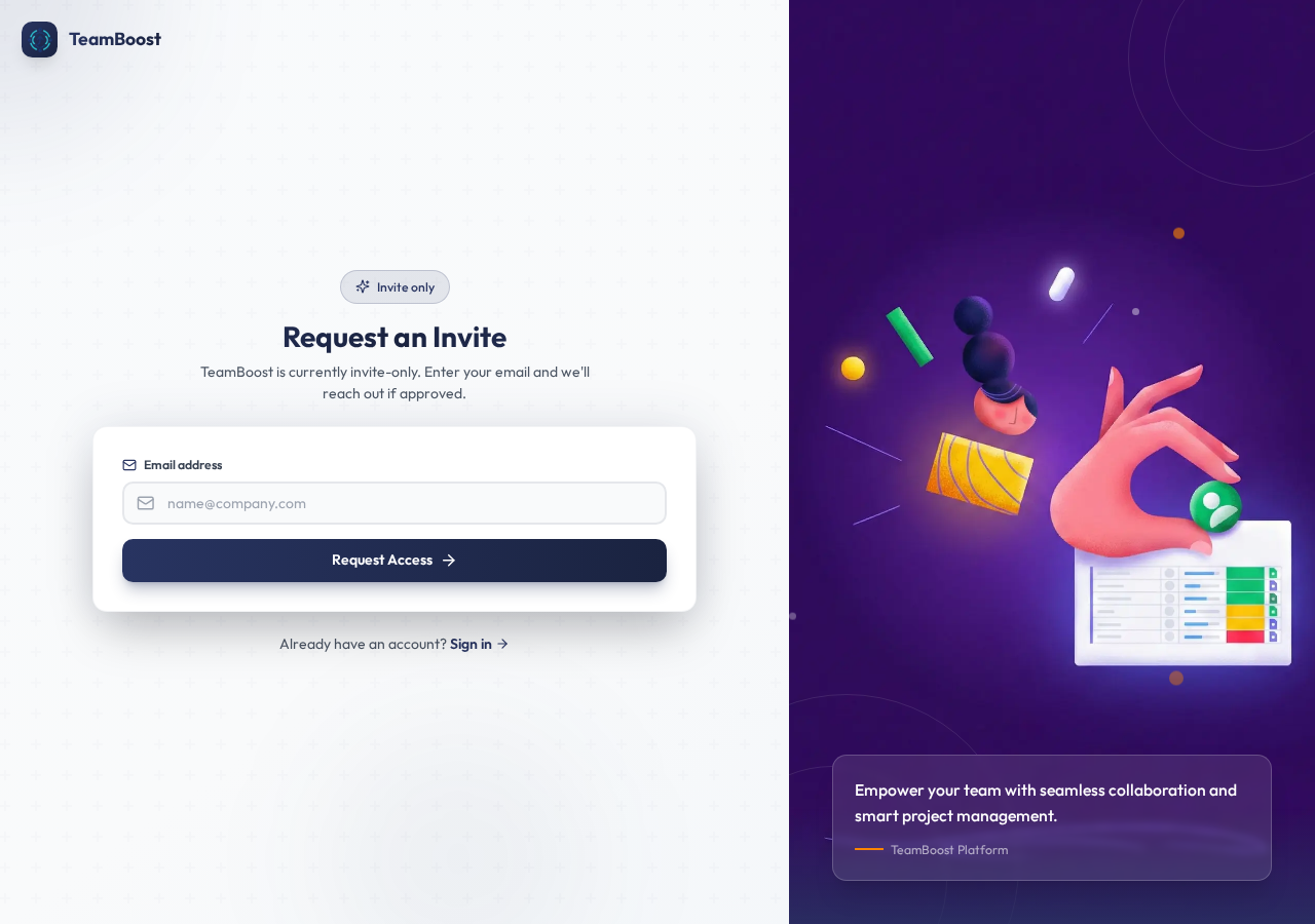 Public TeamBoost invite-request page with an email field and Request Access button.